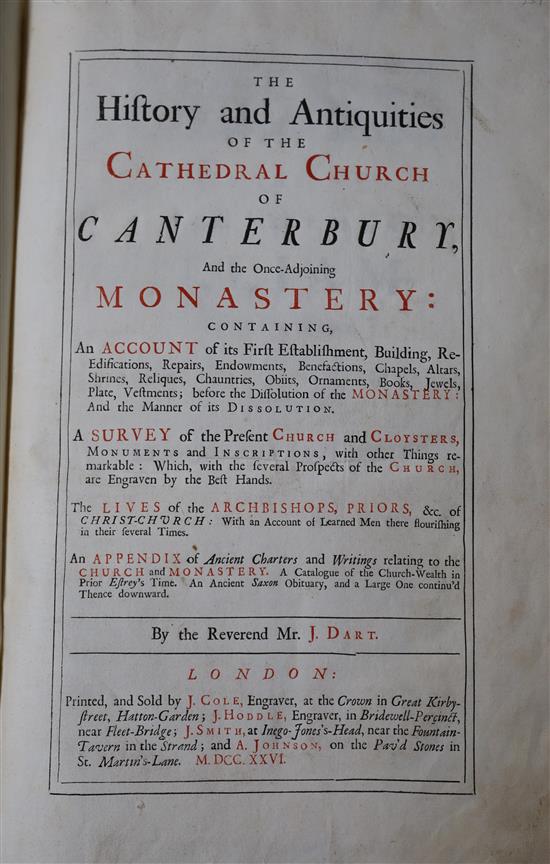 CANTERBURY: Dart, John - The History and Antiquities of the Cathedral Church of Canterbury, L.p. copy, folio, contemporary calf,